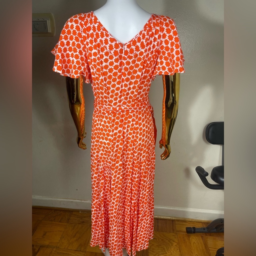 Diane Von Furstenberg Leila daisy V neck Orange Crepe Midi Dress size 6 - Picture 3 of 6